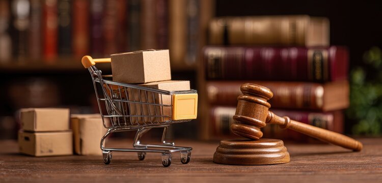 Vibrant photo of a shopping cart with boxes next to a judge's gavel and law books, symbolizing e-commerce law and consumer rights