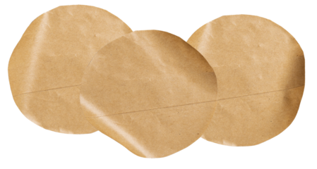 three overlapping, natural brown circular pieces of crinkled kraft paper with visible texture and wrinkles, isolated on a transparent background.