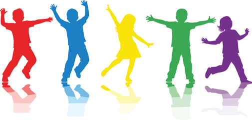 Happy Children Jumping and Running Silhouette Vector Set: Diverse Kids in Bright Rainbow Colors Reflecting on White Background, Joyful Energy.