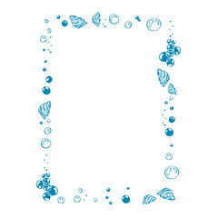 Doodle frame of shell and bubbles. Frame on the theme of sea vacation. Vector illustration
