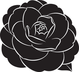 Black and white stylized camellia flower graphic with white outlines vector