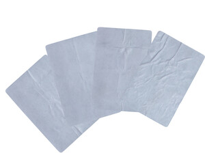 Naklejka premium overlapping isolated white square papers or adhesive labels with rounded corners, displaying a heavily wrinkled and creased texture against black.