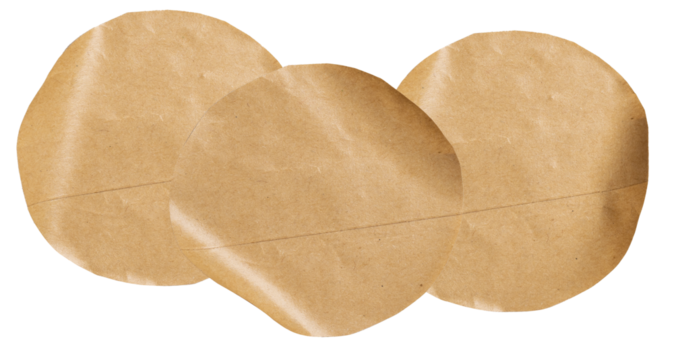 three overlapping, natural brown circular pieces of crinkled kraft paper with visible texture and wrinkles, isolated on a transparent background.