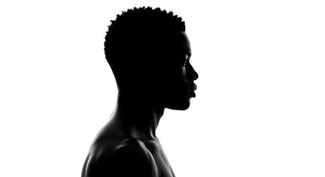 Profile of a young person with textured hair, silhouetted against a bright, white background