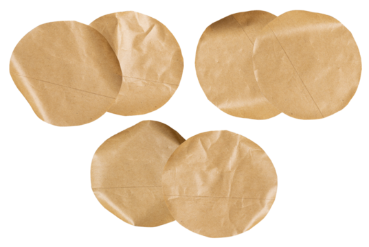 a set of six isolated circular cutouts of crumpled brown craft paper arranged in pairs, showcasing wrinkled textures against a pure black backdrop.