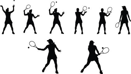 Female Tennis Player Silhouette Vector Set: Women Serving, Hitting Forehand, and Backhand Shots in Various Dynamic Sports Poses.