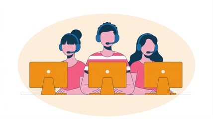 Tech Support Triumph: A team of dedicated support staff, adorned with headsets, offers unwavering assistance, their eyes fixed on computer screens.