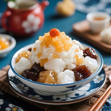 4k high quality Ai generative HD photo realistic menu selling eat food healthy dessert traditional fruit Indonesia Chinese ice mix es puter dawet nangka campur milk serut ice cream jelly color
