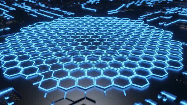Seamless loop of a glowing blue hexagonal grid pattern dynamically expanding and contracting across a dark technological surface abstract background, data flow, design element