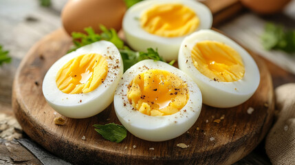 Close-up of neatly sliced hard-boiled eggs, bright yellow yolks centered in smooth white egg halves. Clean minimal background, fresh food aesthetic, soft shadows, crisp culinary detail.
