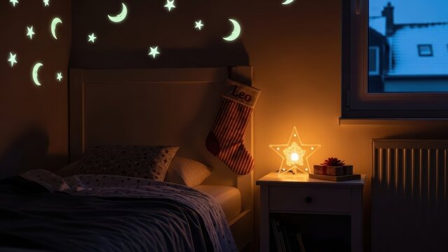 A child's bedroom on Christmas Eve, a single stocking hanging on the bedpost, illuminated by the soft glow of a nightlight shaped like a star, creating a magical and anticipatory atmosphere.