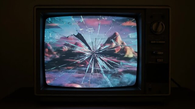 Cracked Vintage Television Screen Shows Pixelated Landscape During Sunset