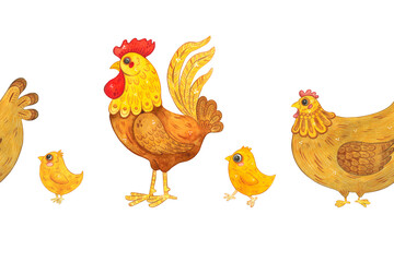 Seamless border with a hen, chicks, and a rooster. Hand-drawn watercolor illustration, cartoon. Farm, animals, bird, village, poultry farm, eggs, eco-friendly, product, sale, fairy tale, kids