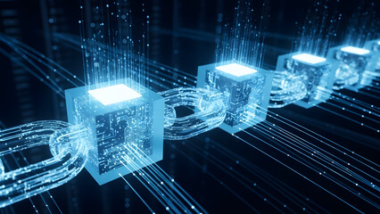 Illuminated blue blockchain technology with interconnected cubes and glowing data streams in a dark space