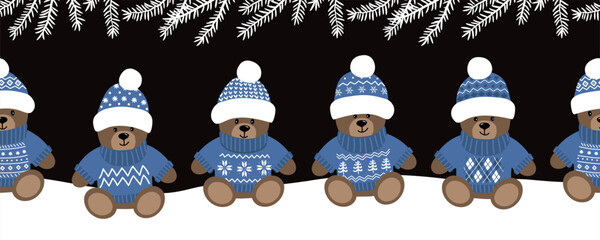 Happy Teddy Bears Enjoy Winter Holidays. Christmas Seamless Border. Funny Baby Bears in Blue Hats, Sweaters. Cute Toys under Fir Tree Branches. Vector illustration in Blue, White, Black