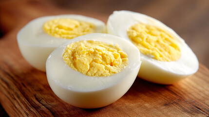 Close-up of neatly sliced hard-boiled eggs, bright yellow yolks centered in smooth white egg halves. Clean minimal background, fresh food aesthetic, soft shadows, crisp culinary detail.