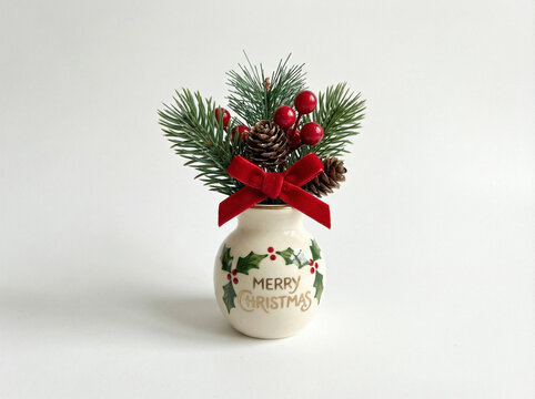 Christmas Vase Decoration with Pine Branches, Red Berries, Cones, and Red Bow on White Background