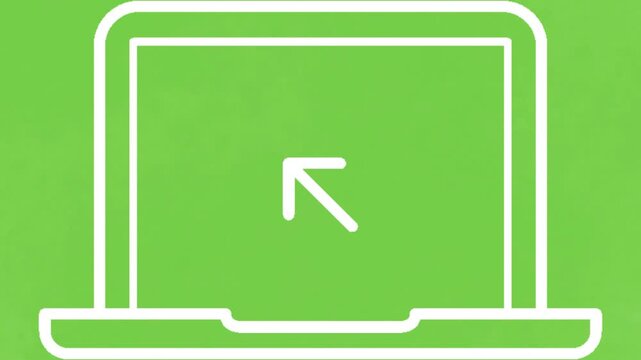 White line art icon of a laptop computer screen with an arrow pointing towards the top left corner on a green background