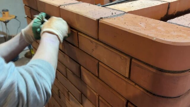 A stove fitter cleans the joints of fresh brickwork using a metal brush. Construction of a heating stove.