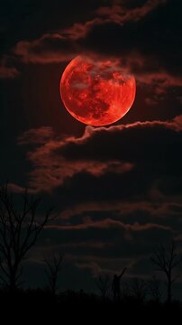 Crimson Moon Over Silhouetted Trees and Dark Clouds