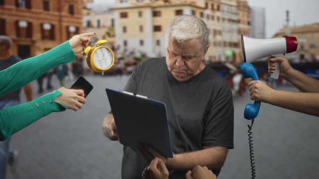 Man holding clipboard and recoiling from a megaphone while hands offer alarm clock and phone on a busy street; frustration urgency.