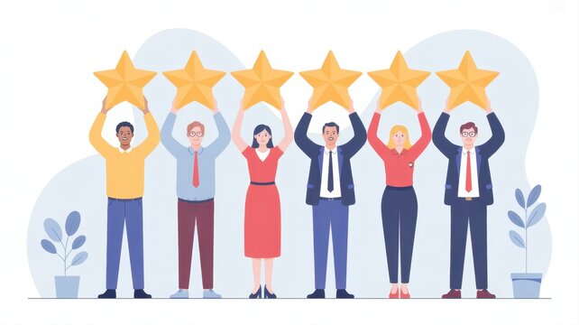 Five Stars of Excellence: A diverse group of people lift five shining golden stars to showcase the achievement, highlighting concepts of customer satisfaction and excellence.