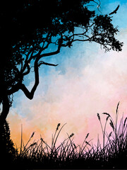 Vibrant Sky with Nature Silhouettes