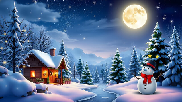 Winter night scene with snow, cozy wooden house, Christmas tree and snowman under the full moon - Powered by Adobe