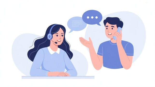 Customer Service Dialogue: A vibrant illustration depicts a customer service representative engaged in a telephone conversation with a customer, bubbles representing their exchange.
