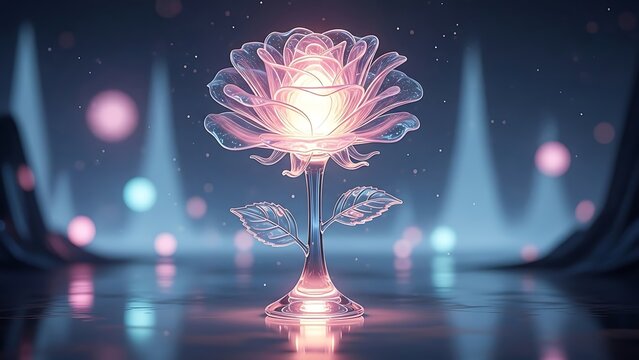Illuminated crystal rose with soft bokeh lights in futuristic setting