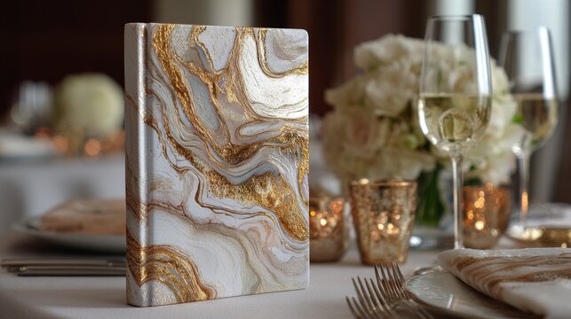 Luxury boutique hotel menu cover with white leather, sculptural abstract fluid artwork, pearlescent tones and gold shimmer, refined minimalist composition, clean edges, elegant editorial product shot.