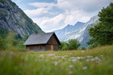 Scenic wooden cabin in serene valley surrounded by majestic mountains nature photography peaceful landscape