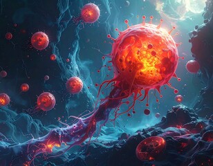 Rendering of microscopic organisms with vibrant red and orange hues against a dark blue backdrop