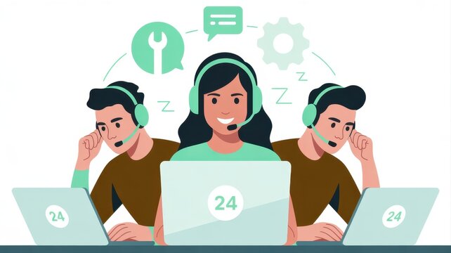 Customer Service Illustration: A team of customer service agents, each engrossed in their work, embodies dedication to their clients. The image represents the essence of communication, support.