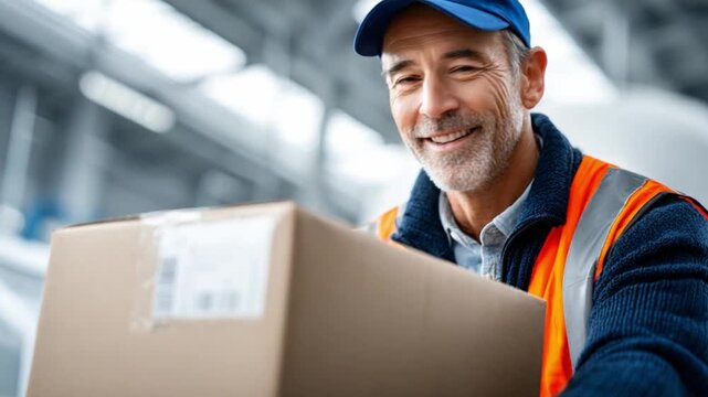 Reliable Delivery: A diligent delivery man, radiates confidence and dedication, carrying a package, ready to deliver goods