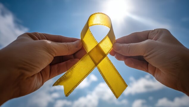 Vibrant photo of hands holding yellow awareness ribbon against sunny sky