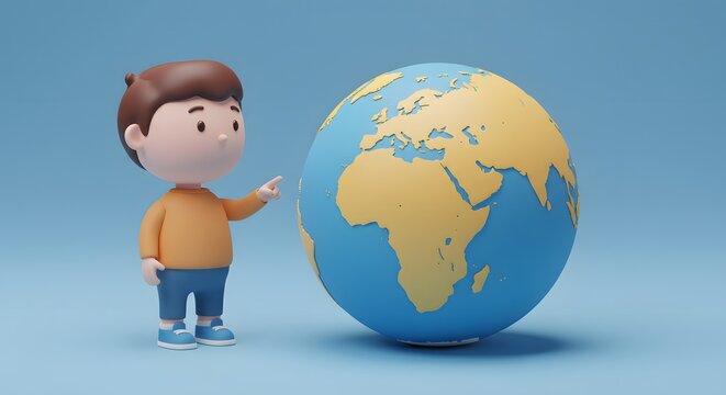 3D cartoon boy pointing at Earth globe. Global education, environmental awareness, and world travel concept - Powered by Adobe