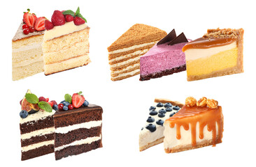 assortment of six delicious slices of layered cake and decadent desserts, including chocolate, berry mousse, honey cake, and cheesecake, isolated on black.
