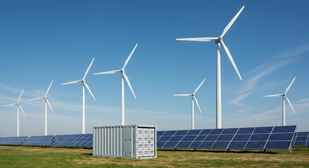 Renewable energy infrastructure showcasing solar panels, wind turbines, and storage on a sunny day