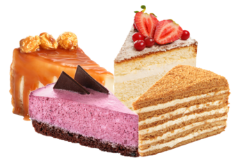 appetizing group of four rich dessert slices, featuring caramel cheesecake, berry mousse cake, classic sponge cake, and traditional honey cake, isolated on black.