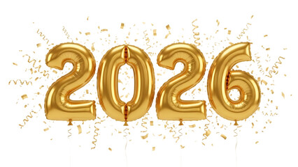 Golden 2026 balloons with confetti isolated on transparent background