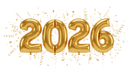 Golden 2026 balloons with confetti isolated on transparent background