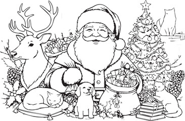 Festive Christmas Scene with Santa, Reindeer, and Pets