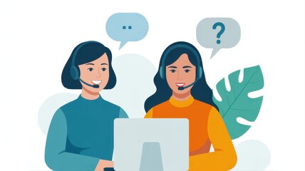 Customer Service and Communication: Two professional customer service representatives with headsets collaborate, offering assistance and support while surrounded by thought bubbles.