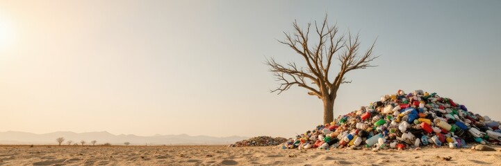 Fototapeta premium A dead tree stands by a large pile of plastic waste in a desolate desert landscape. Environmental pollution and ecological disaster concept. Panoramic banner with copy space for text