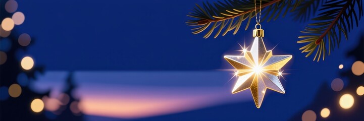 A shiny gold star Christmas ornament hanging on a pine tree branch. Festive holiday background with glowing lights at twilight. Merry Christmas and Happy New Year celebration banner