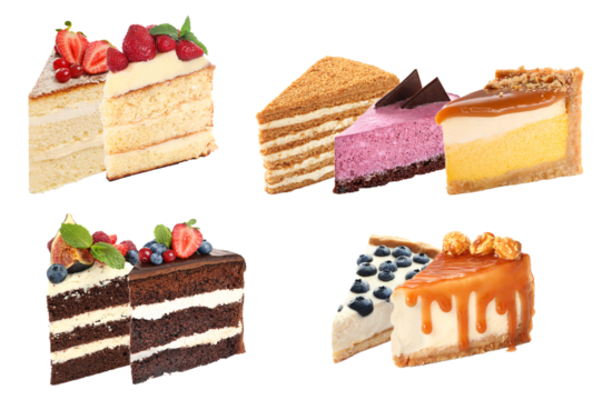 assortment of six delicious slices of layered cake and decadent desserts, including chocolate, berry mousse, honey cake, and cheesecake, isolated on black.