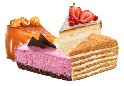 appetizing group of four rich dessert slices, featuring caramel cheesecake, berry mousse cake, classic sponge cake, and traditional honey cake, isolated on black.
