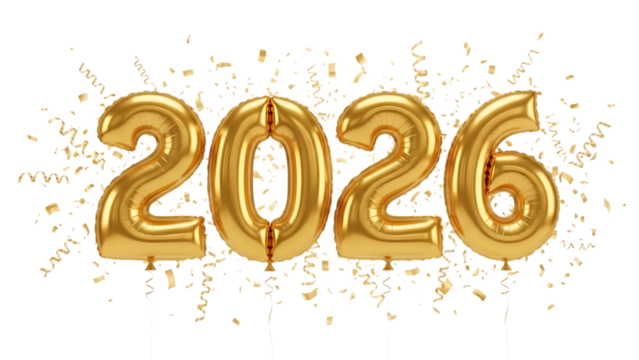 Golden 2026 balloons with confetti isolated on transparent background