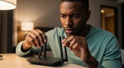 African American man adjusting wireless router antennas in a hotel room. Focused male fixing internet connection problems. Troubleshooting Wi-Fi 6 signal issues